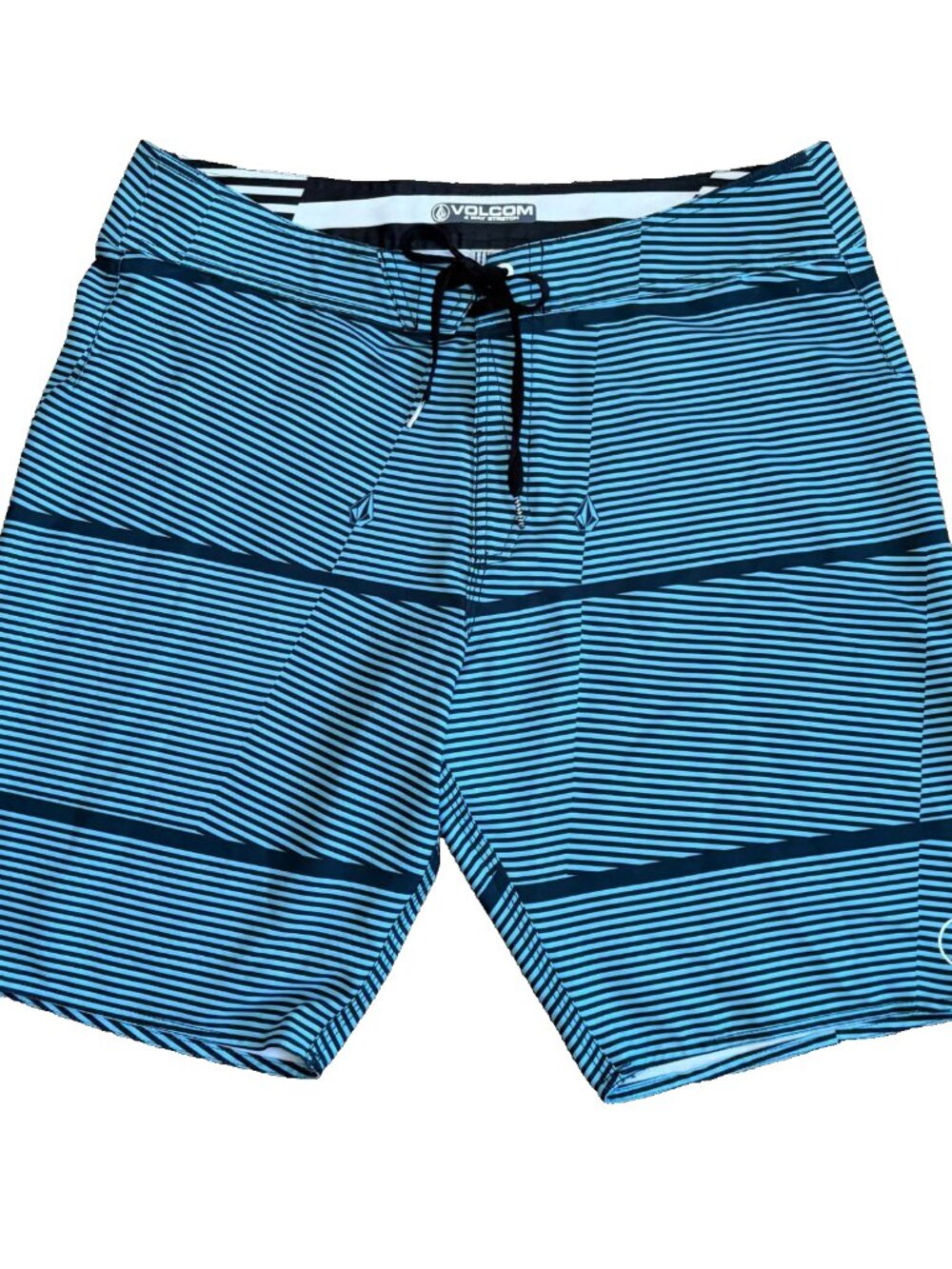Volcom Board Shorts Size 36 Blue Stripe 4-Way Stretch Swim Trunks
